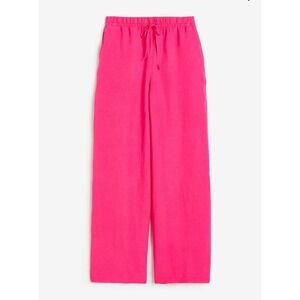H&M Women Linen Blend Wide Leg Pants Med Pink Drawstring vacation travel beach